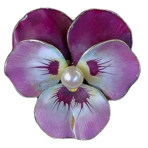 Antique 14K Gold Pansy Brooch Pink Enamel Pearl Estate Floral Pin 10.1g